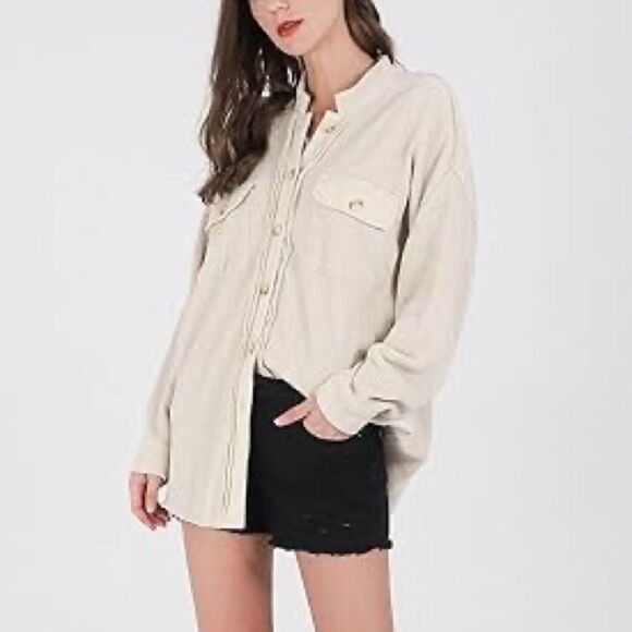 New Women's Banded Collar Baggy Loose Fit Mid-Wt Waffle Knit Shacket Shirt Sz S - Picture 1 of 2